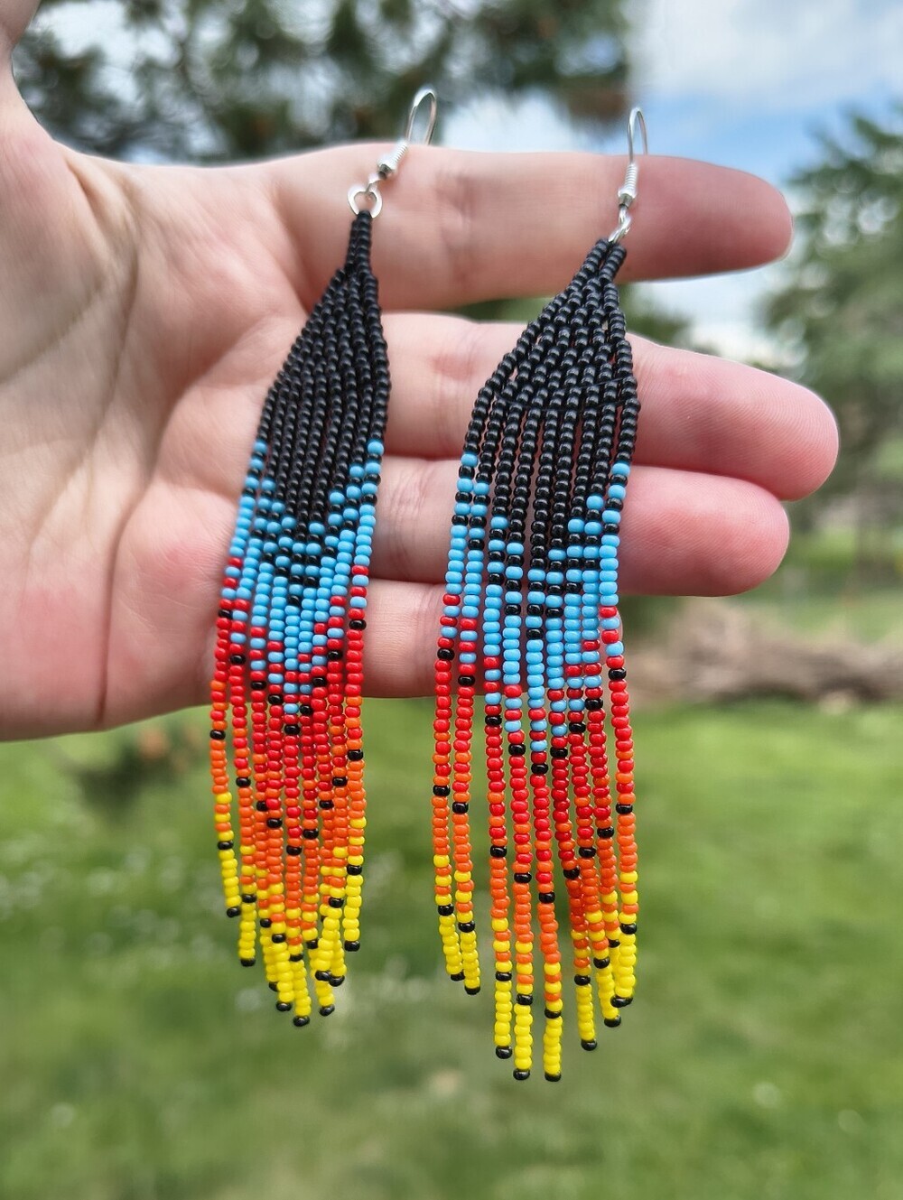 Native American Handmade Beaded Fringe Earrings Black Sunset Gradient - Picture 3 of 8